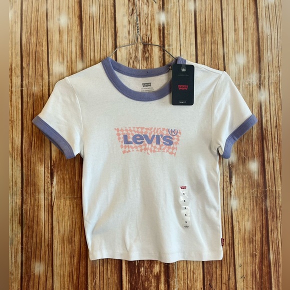 Levi's Women's Graphic Ringer Crop Mini Tee Harper Geo Batwing Bright White S - Picture 2 of 6